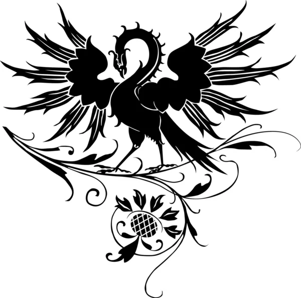 Жар-птица, птица феникс с цветочными украшениями на заднем плане — стоковый вектор