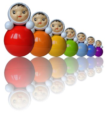 Seven rainbow colored roly-poly toys with reflection (isolated) clipart