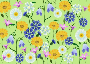 Meadow flowers - campanula, camomile, stellaria, centaurea - seamless over green background clipart