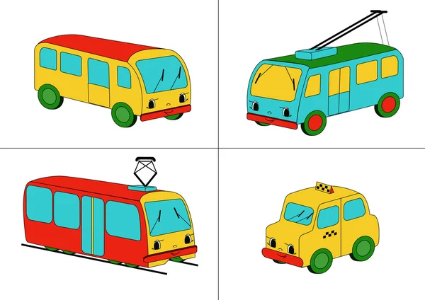 Vier Vertegenwoordigers Van Openbare Vervoermiddelen Bus Trolleybus Tram Taxi Getekend — Stockvector