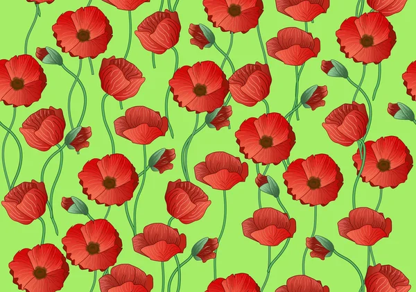 无缝矢量背景与红色罂粟花在浅绿色 — 图库矢量图片