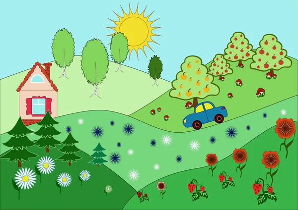 Bergige Ländliche Landschaft Mit Haus Auto Bäumen Pilzen Und Blumen — Stockvektor