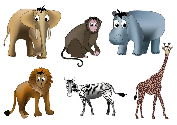 Sei Animali Africani Elefante Scimmia Ippopotamo Leone Zebra Giraffa Disegnati — Vettoriale Stock