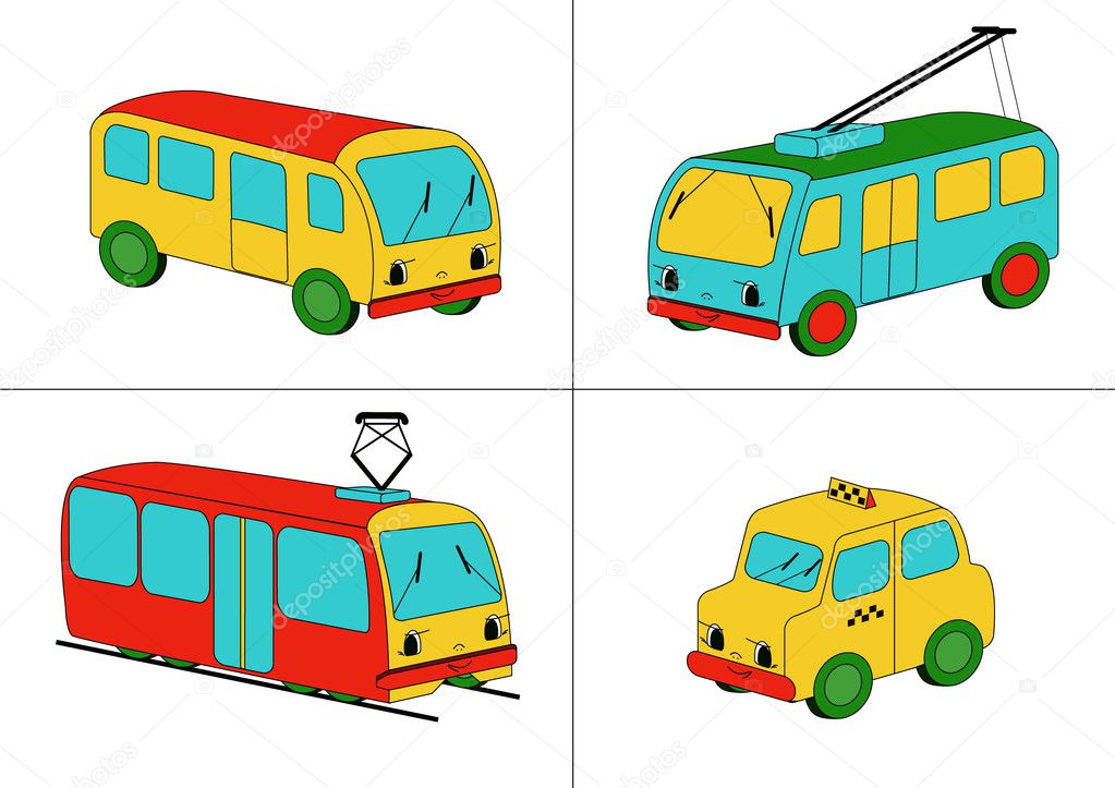 Four representatives of public conveyances - bus, trolleybus, tram and taxi - drawn in child style with faces.