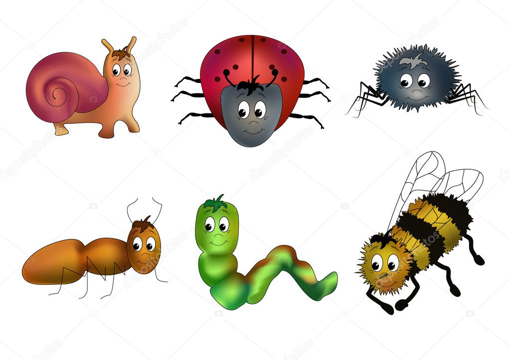 Six insects - snail, ladybird, spider, ant, caterpillar and bee - child-like drawn with faces