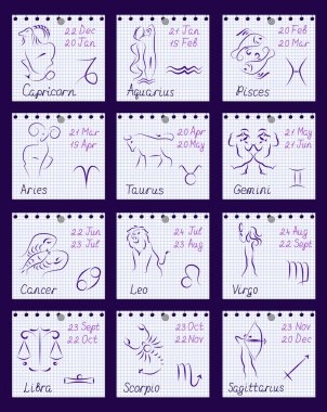 Zodiac signs on notebook sheets clipart