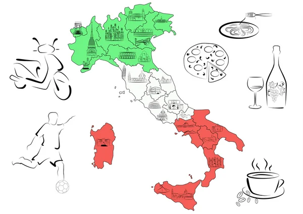 Kaart van Italië met bezienswaardigheden door regio 's — Stockvector