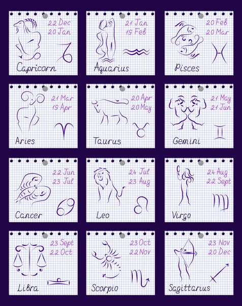 Signos del zodíaco en hojas de cuaderno — Archivo Imágenes Vectoriales