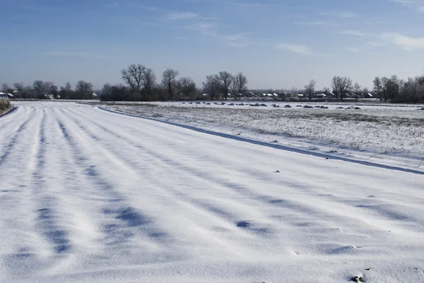 Χειμώνα Στο Χωριό Χιόνι Έχει Πέσει Στις Αγροτικές Πεδία — Φωτογραφία Αρχείου