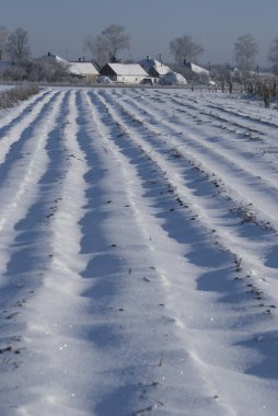 Kış aylarında küçük bir köy, snowdrifts alanında