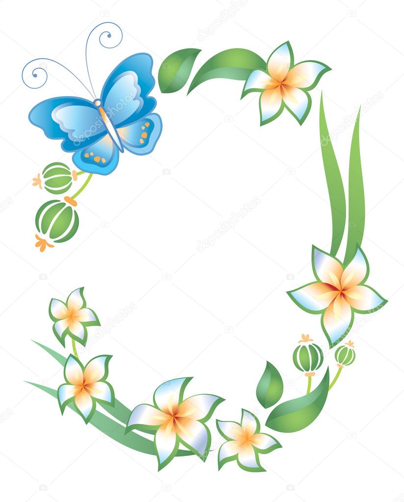 Frame on a white background: butterfly, foliage and flowers