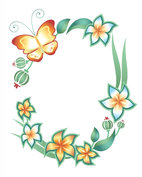 Marco sobre fondo blanco: mariposa, follaje y flores — Vector de stock