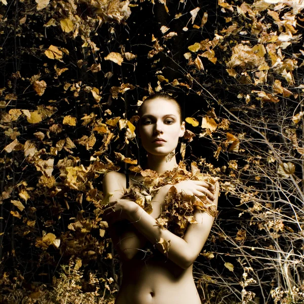 Bella giovane donna in foglie gialle — Foto Stock