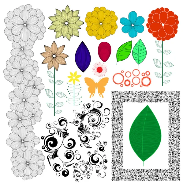 Collection Various Nature Theme Vector Elements Stylized Flowers Leaves Floral — Stock Vector
