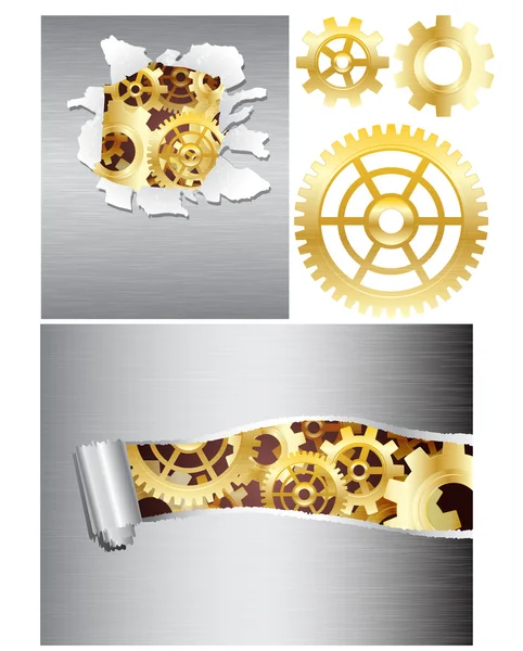 ブラシをかけられた金属の質感と つの創造的なバナーの黄金の歯車 Eps10 — ストックベクタ