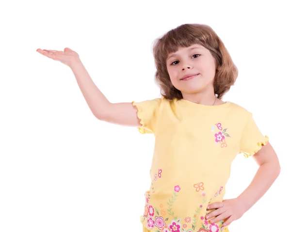 Hübsches Kleines Mädchen Mit Ausgestreckter Hand Isoliert Auf Weiß — Stockfoto