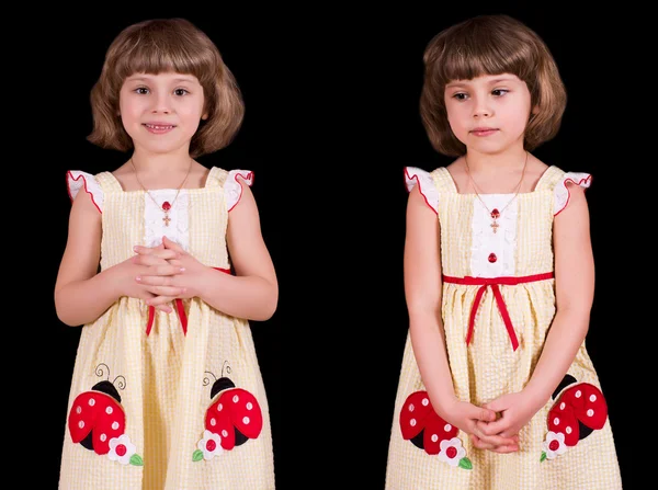 Портрет Скромної Маленької Дівчинки Ізольованої Чорному — стокове фото