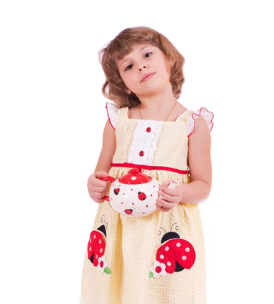 Hübsches Kleines Mädchen Mit Teekanne Isoliert Auf Weiß — Stockfoto