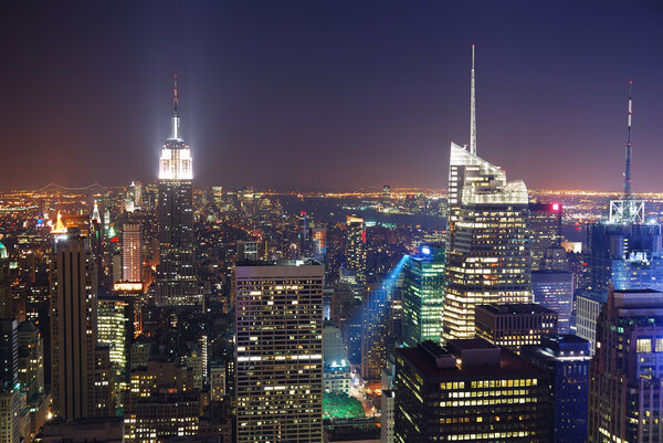 New York City Manhattan skyline night panorama aerial view with Empire State Building and skyscrapers