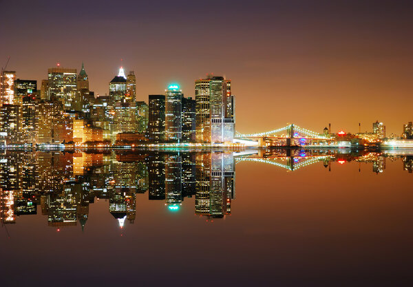 New York City Skyline at night with reflection