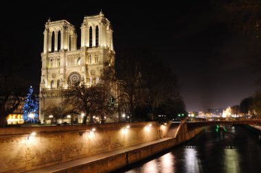 Notre Dame Cathedral and the Seine at night in Paris clipart