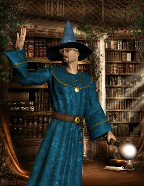 Kouzelník v knihovně — Stock fotografie