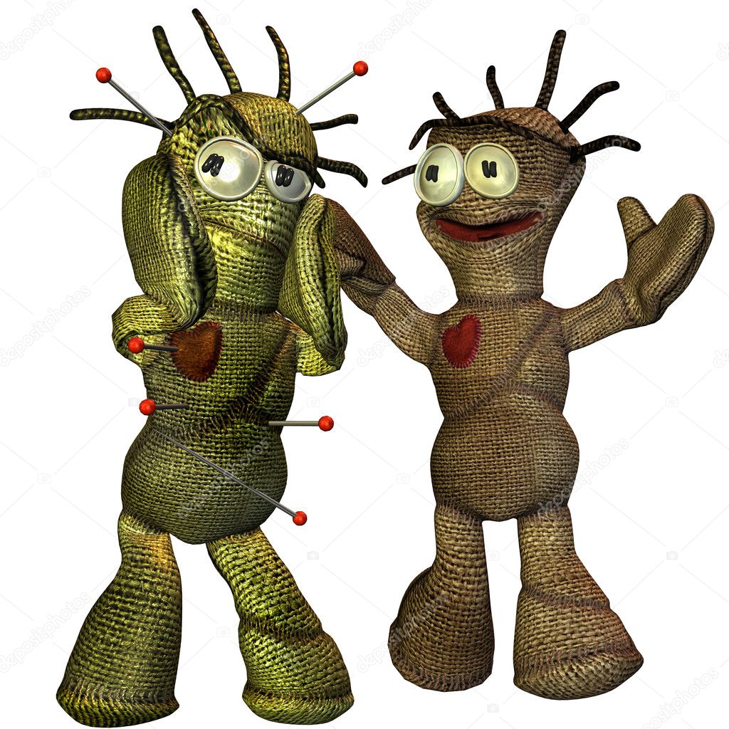 3d rendering of two voodoo dolls in greeting as illustration