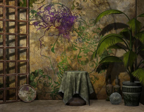 Rendering Dekorierten Tisch Und Hintergrund Wand Und Pflanze — Stockfoto