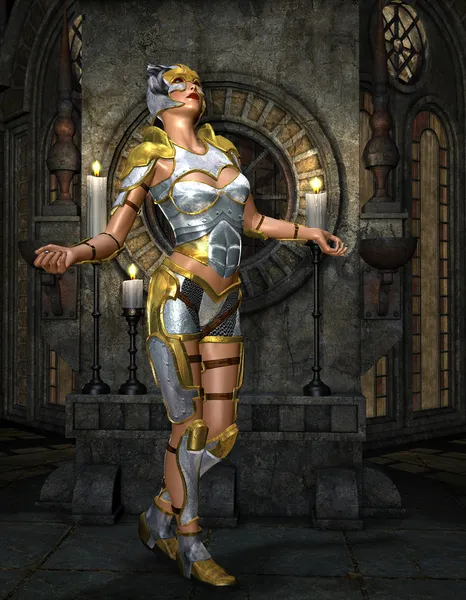 Rendering Warrioress Silver Armor Golden Shrine — Stock Photo, Image