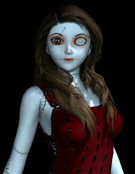 Bambola Rendering Con Cicatrici Nel Vestito Rosso — Foto Stock
