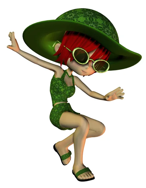 跳跃的绿色夏天穿裙子的女孩 — 图库照片