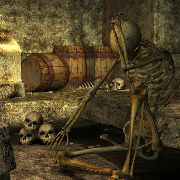 Скелет сидит в подземелье — стоковое фото