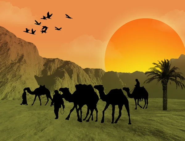 Beduinos con fondo de camellos — Stockvector