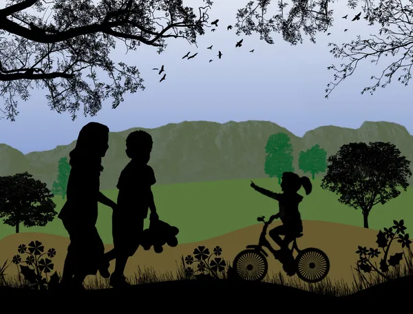美しい風景に遊んでいる子供たち — ストックベクタ