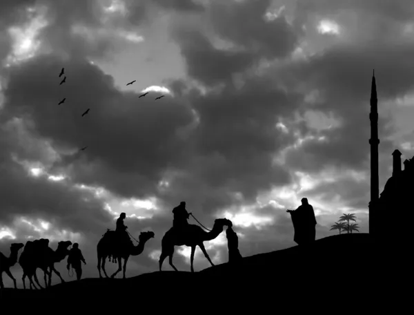 Arabian Solnedgången Med Beduinerna Och Kameler Svart Och Vitt — Stockfoto