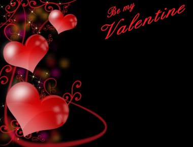 Dark valentines background or greeting card with glossy red hearts, vector background clipart