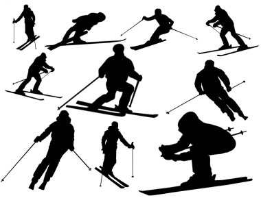 Vector collection of isolated alpine skiing silhouettes on white background clipart
