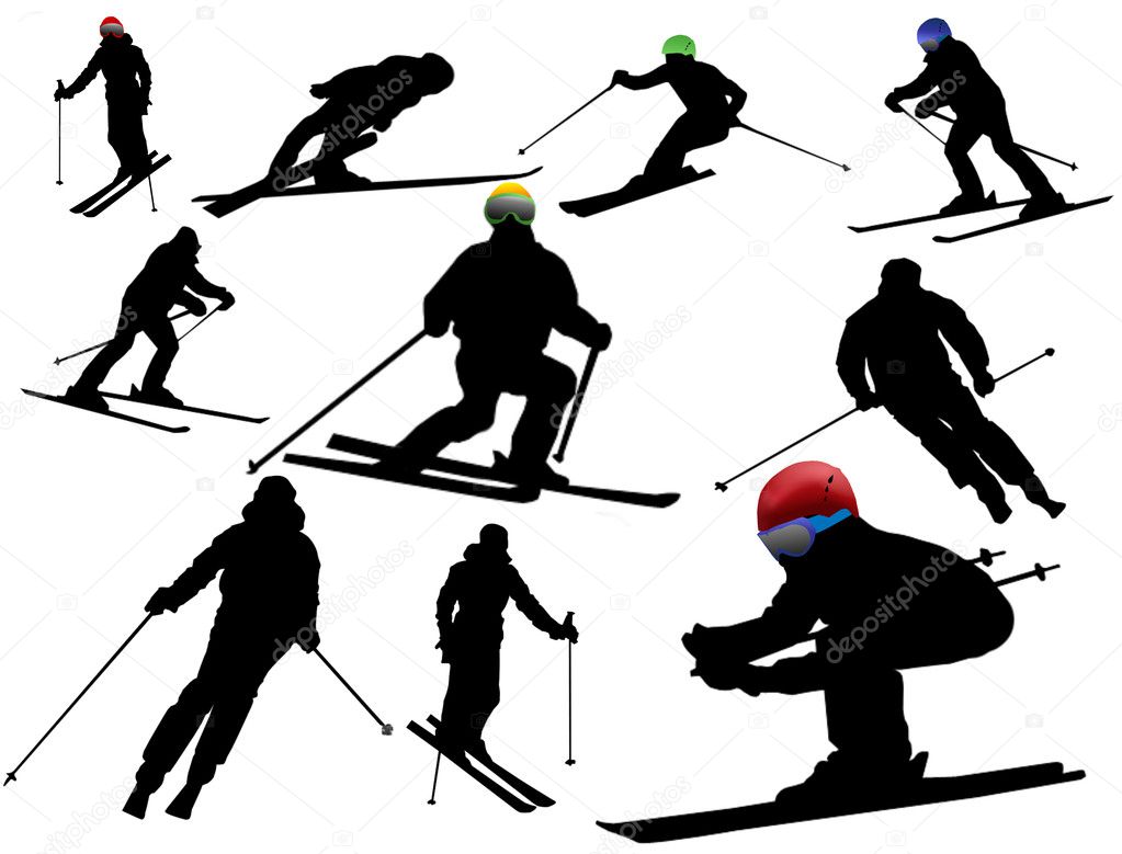 Vector collection of isolated alpine skiing silhouettes on white background