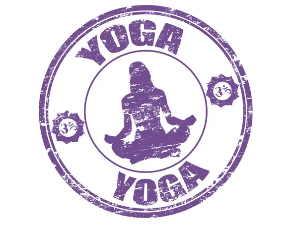 练习瑜伽 印度教符号和瑜伽这个词 写在邮票里面的女人剪影 Grunge 橡皮戳 — 图库矢量图片