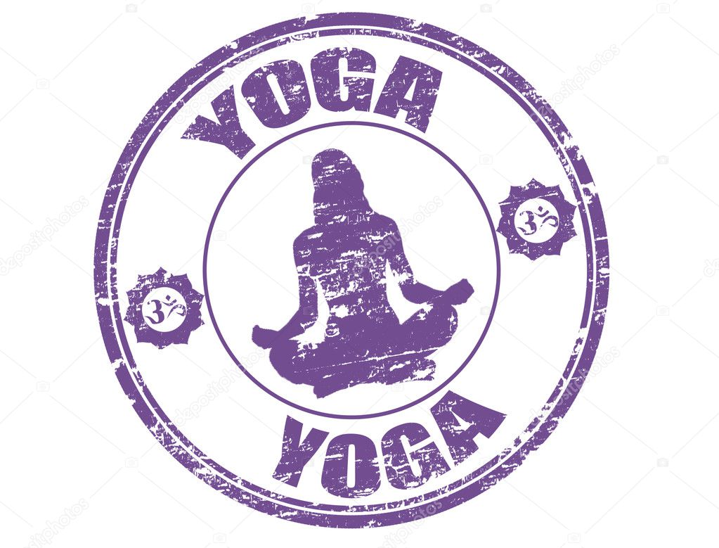 Grunge rubber stamp with woman silhouette practicing Yoga, hinduism symbols and the word Yoga written inside the stamp