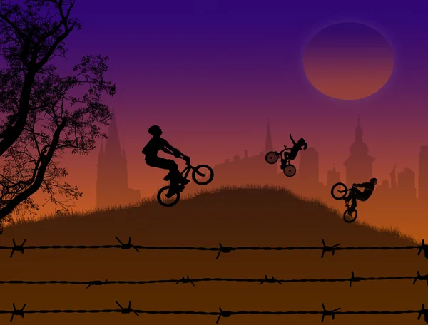 Велосипедисти Силует Заході Сонця Красивому Ландшафті — стоковий вектор