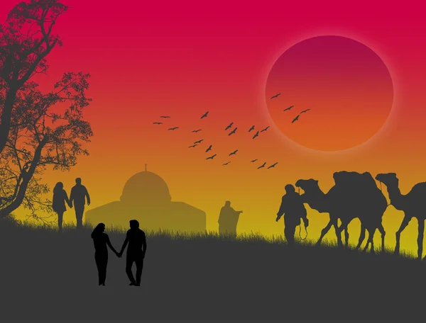 Romantyczny Sylwetka Miłośników Beduini Wielbłądów Zachód Słońca — Wektor stockowy