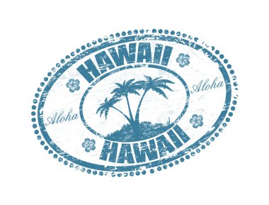 Blue grunge rubber stamp with the palms shape and the name of Hawaii islands written inside the stamp clipart