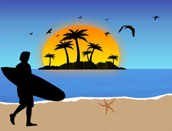 Sörfçü Tropikal Plaj Arka Planda Vektör Çizim — Stok Vektör