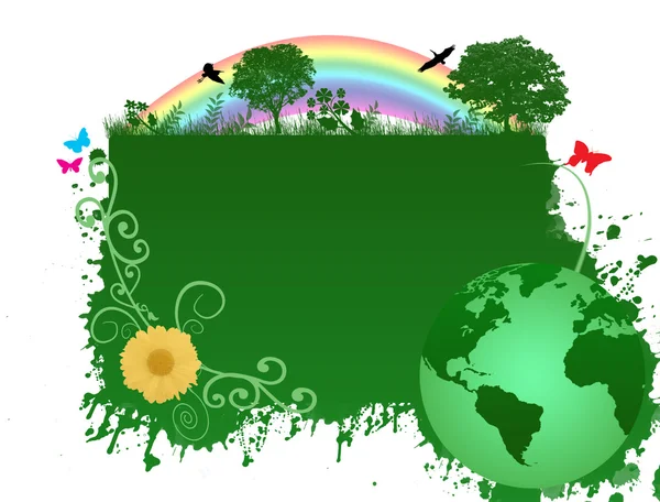 Grüne Erde Hintergrund Mit Bäumen Blumen Vögeln Und Schmetterlingen Vektorillustration — Stockvektor