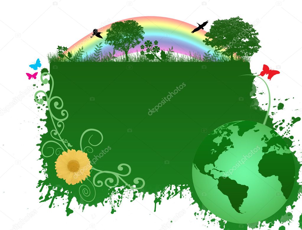 Green earth background with trees, flowers, birds and butterflies, vector illustration