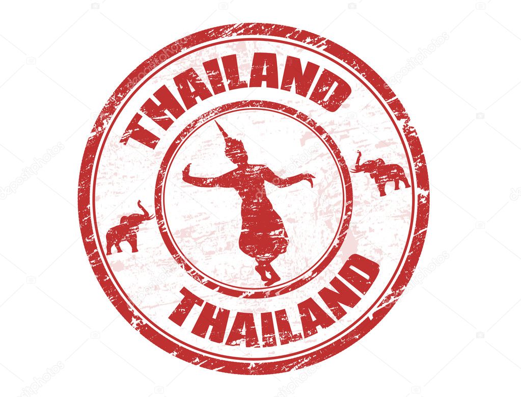 Grunge rubber stamp with silhouette of traditional Thai dancerand the name of Thailand written inside the stamp