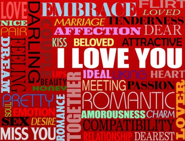 Abstract colorful illustration with various love words written in different colors and styles clipart