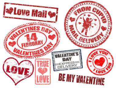 Collection of isolated grunge Valentine's Day stamps on white background clipart