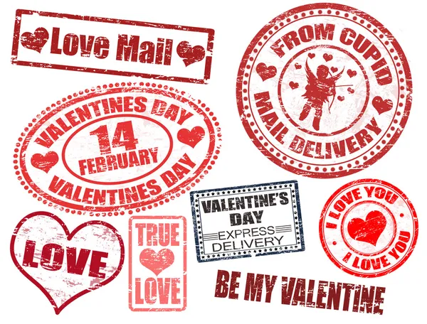 Sammlung Isolierter Grunge Briefmarken Zum Valentinstag Auf Weißem Hintergrund — Stockvektor